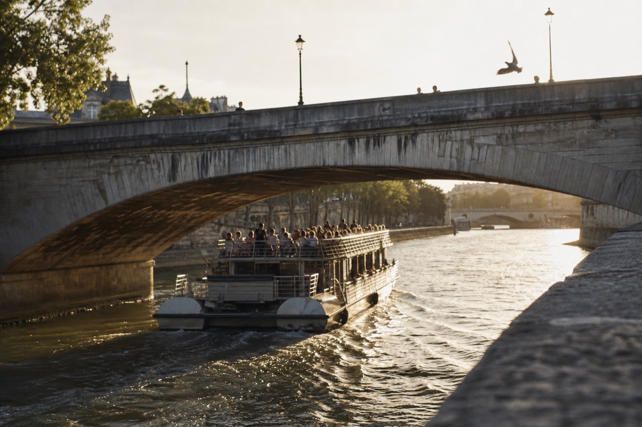 A sightseeing boat passing under a Paris bridge on the Seine at golden hour, no text, no logos, no people