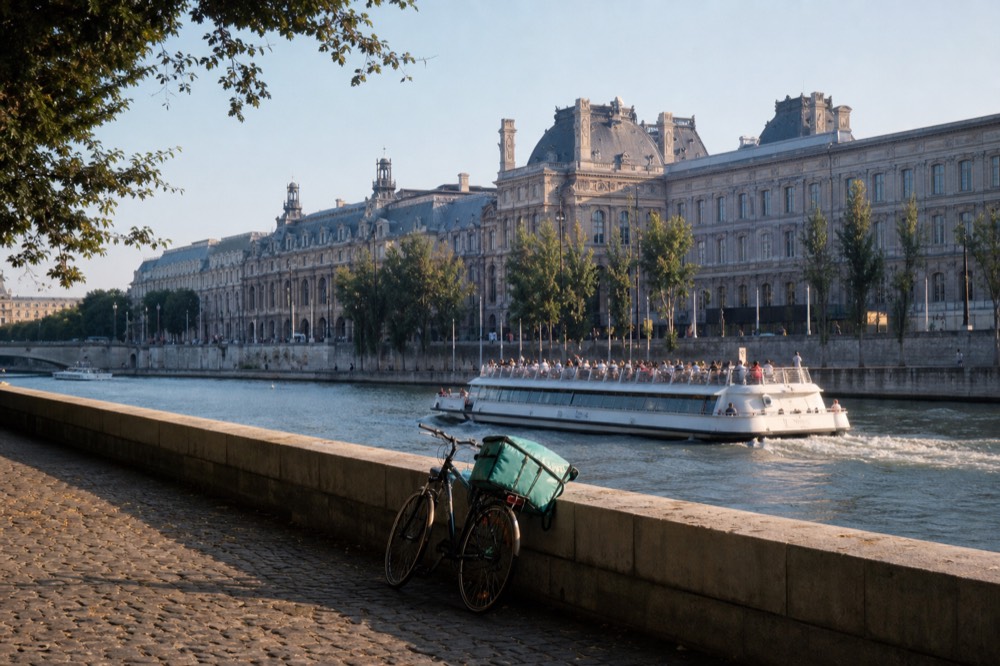 A cruise boat gliding past the Louvre and its riverside quays in morning light, no text, no logos, no people.