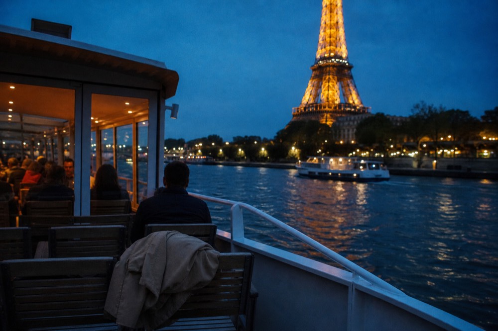 Evening cruise boat on the Seine with the illuminated Eiffel Tower in the background, no text, no logos, no people
