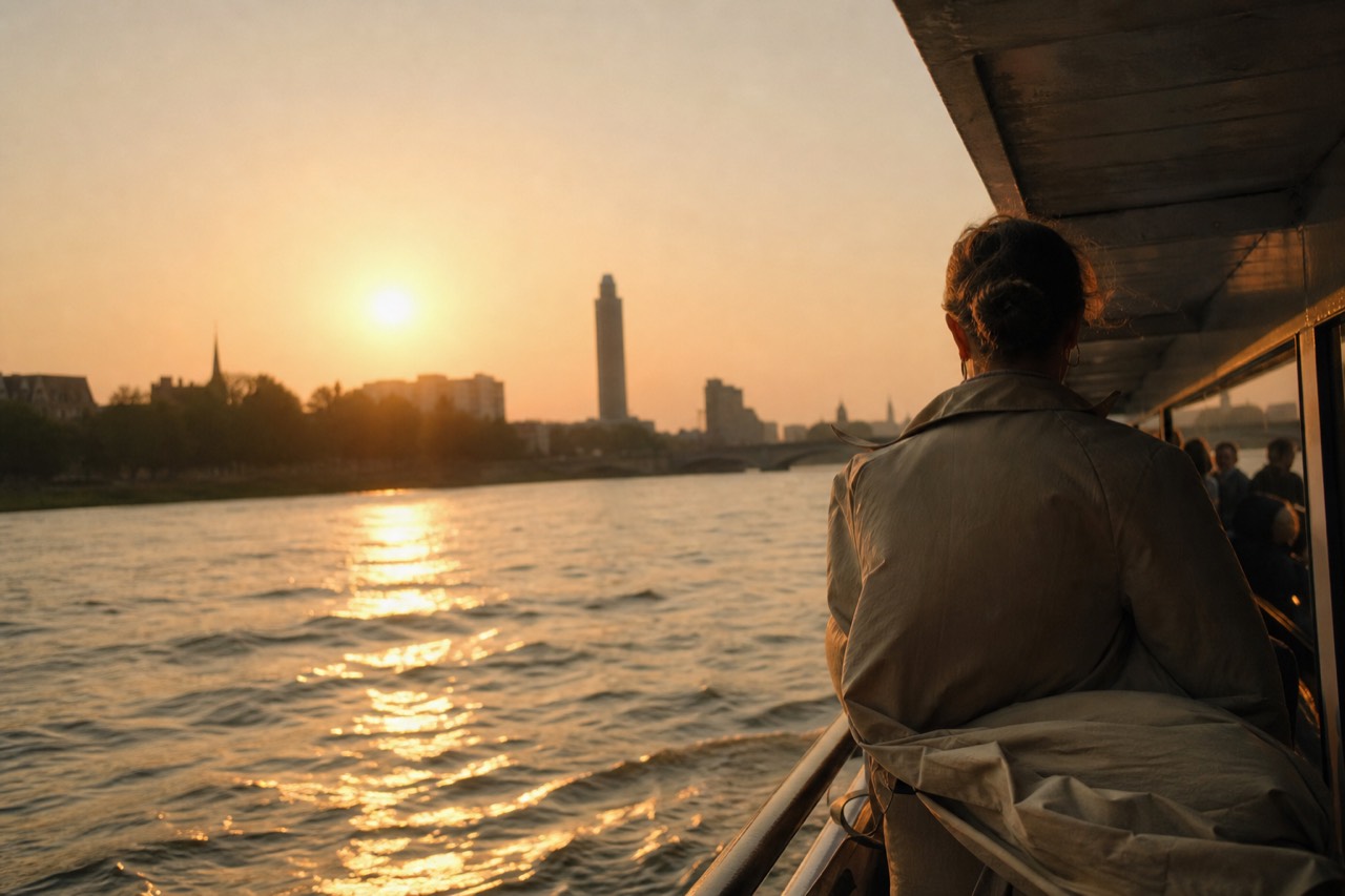 A sightseeing boat cruising the Seine past the Eiffel Tower at golden hour, no text, no logos, no people