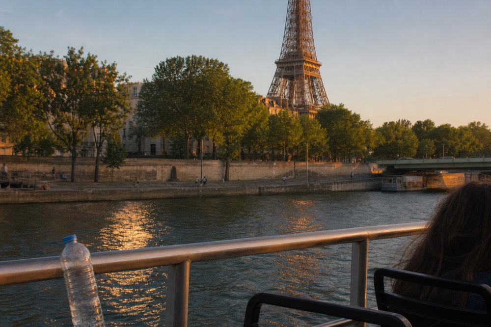 Golden hour light on the Seine with the Eiffel Tower in the background, no text, no logos, no people
