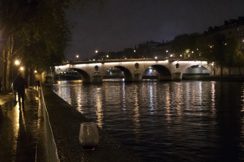 Illuminated Seine river bridges at night in Paris, no text, no logos, no people