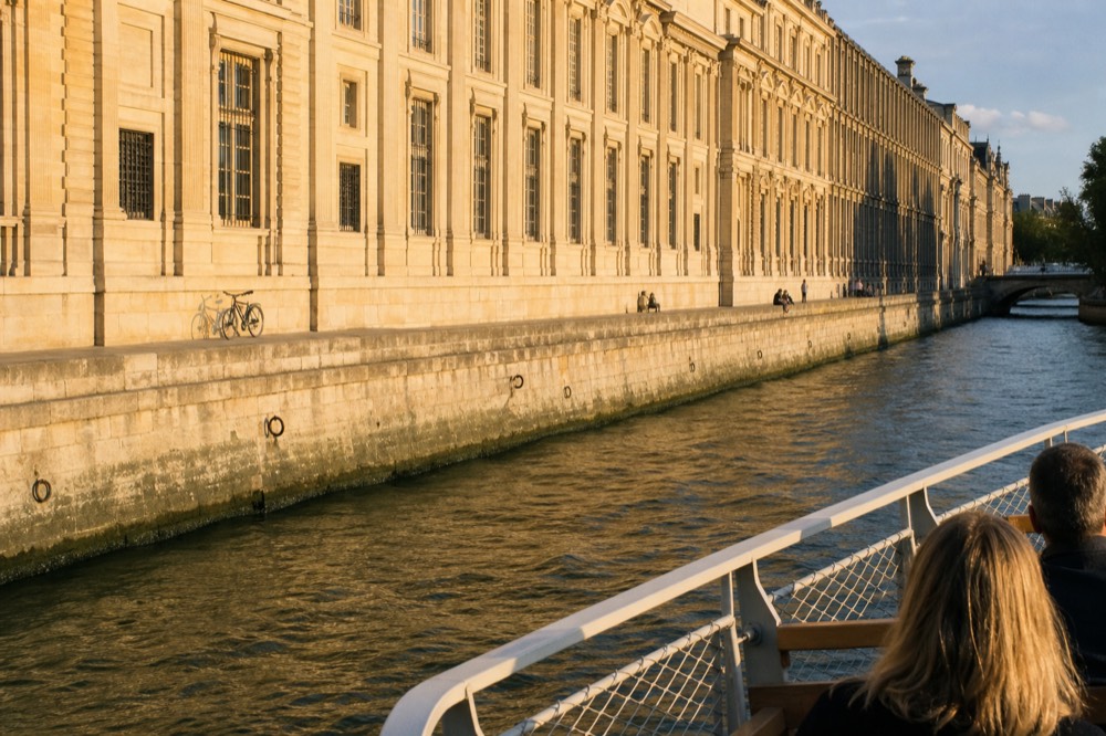 Passengers' view from a boat terrace of the Louvre and its Seine quay in evening light, no text, no logos, no people