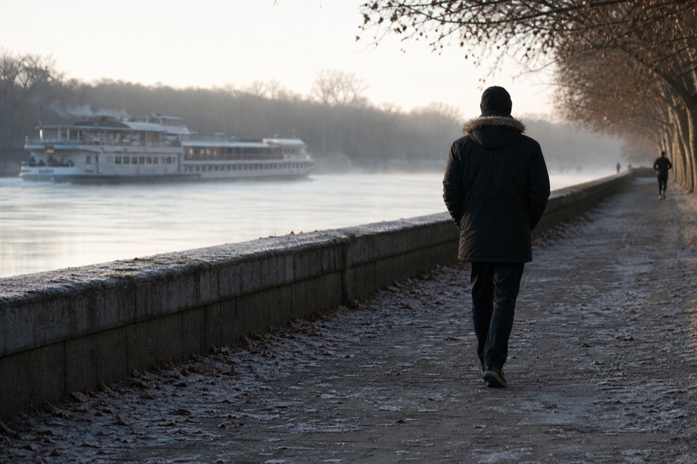 A pedestrian riverside quay in Paris with a cruise boat passing on the Seine, no text, no logos, no people