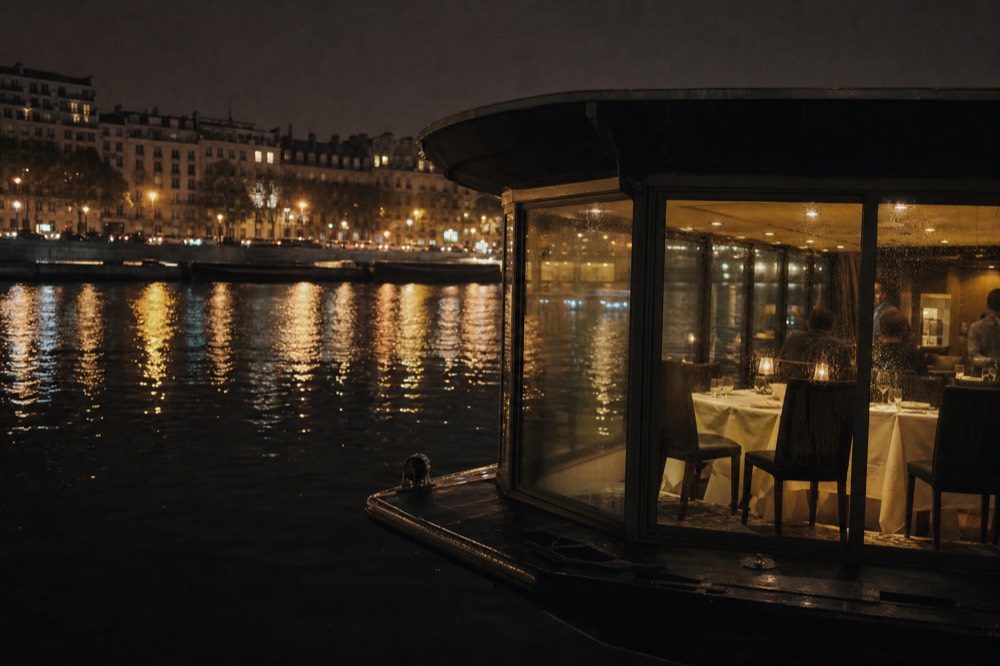 An illuminated dinner cruise boat on the Seine at night with city lights reflecting on the water, no text, no logos, no people