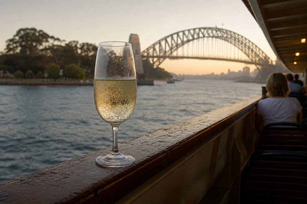 Glass of Champagne on a wooden boat deck rail with the Seine and bridges behind, no text, no logos, no people